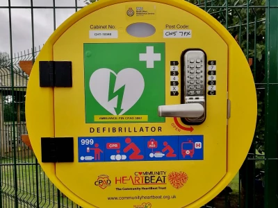 The defibrillator fence mounted and available 247