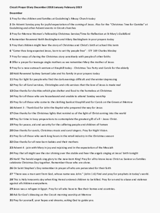 Circuit Prayer Diary December 2018 – February 2019