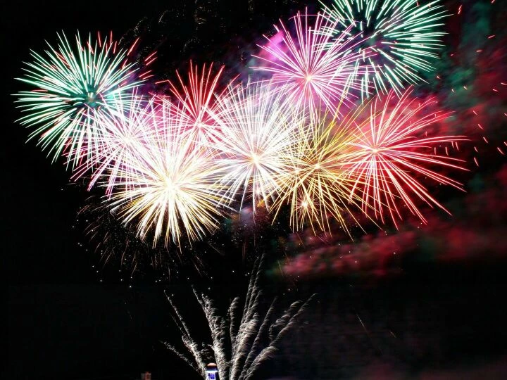 Spectacular fireworks display lighting up the night sky over Bournemouth Pier, England.