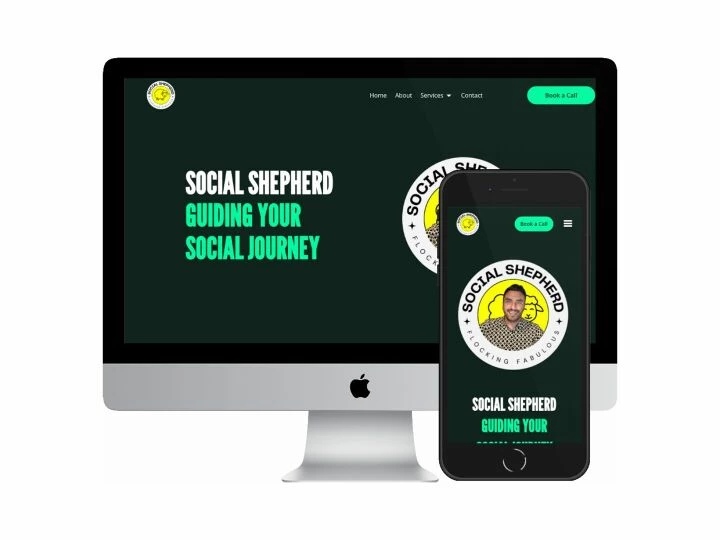 Desktop and mobile screenshots of the Social Shepherd website
