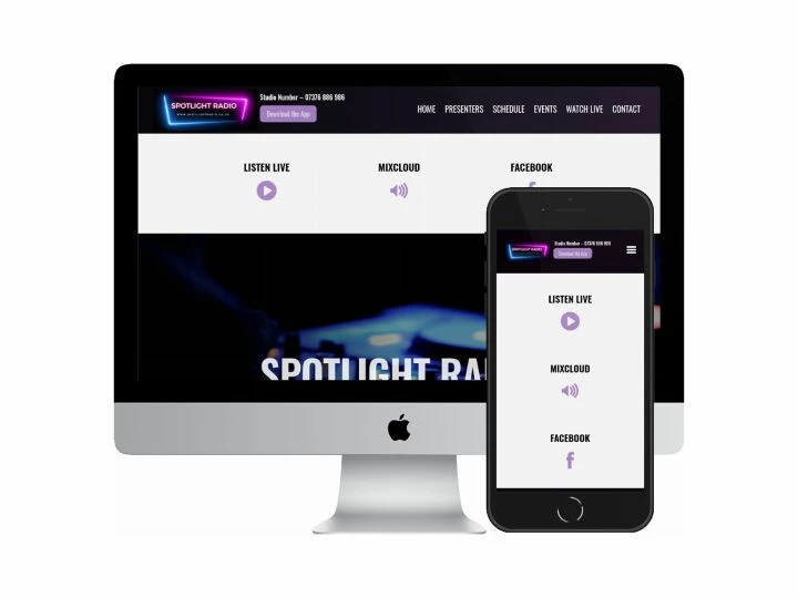 Desktop and mobile screenshots of the Spotlight Radio website
