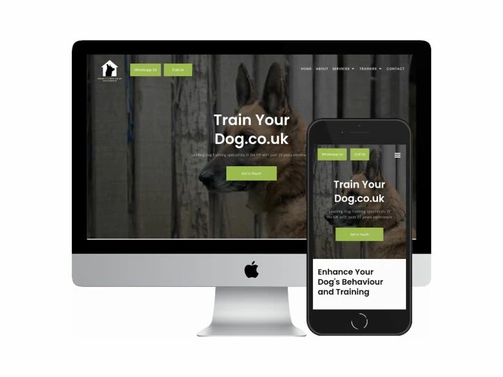 Desktop and mobile screenshots of the Train Your Dog website