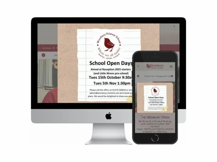 Desktop and mobile screenshots of the Wrenbury Primary School website