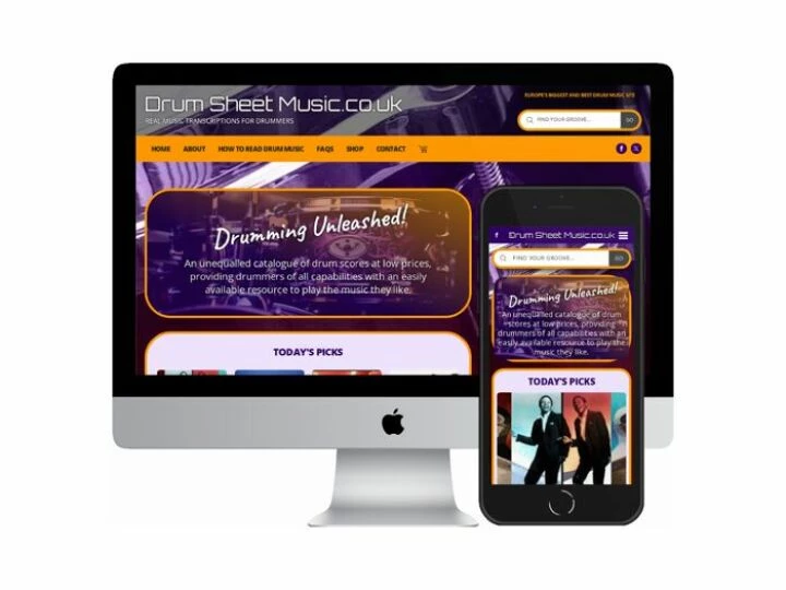 Desktop and mobile screenshots of the Drum Sheet Music website