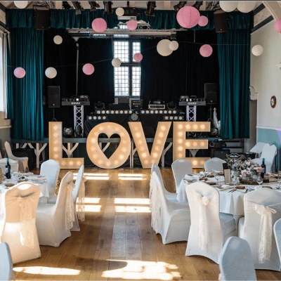 Wedding venue, circular tables, love