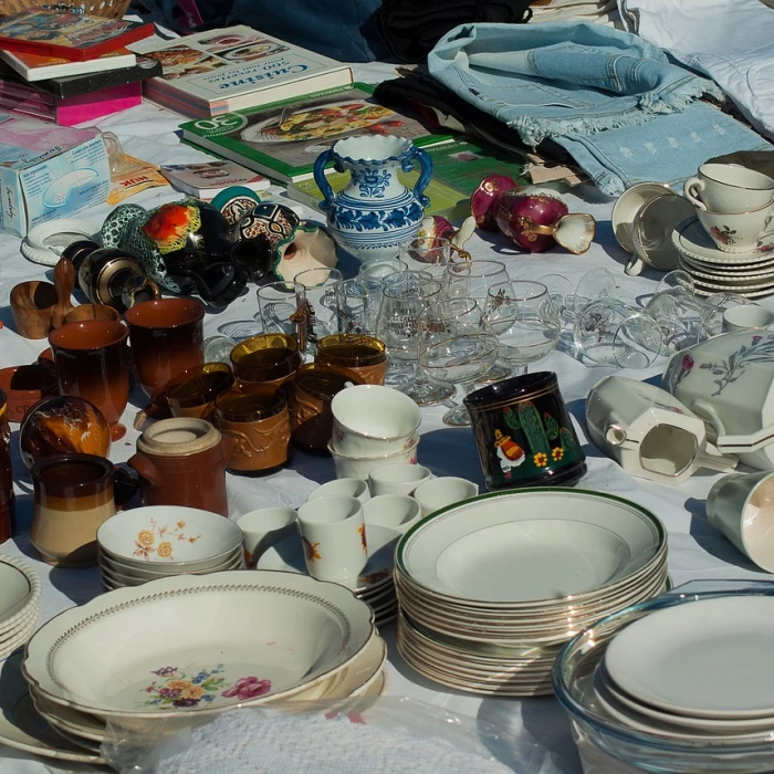 Flea market, dishes, garage sale