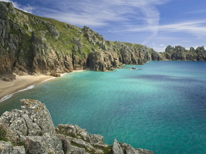 Beach, cliffs, blue sky