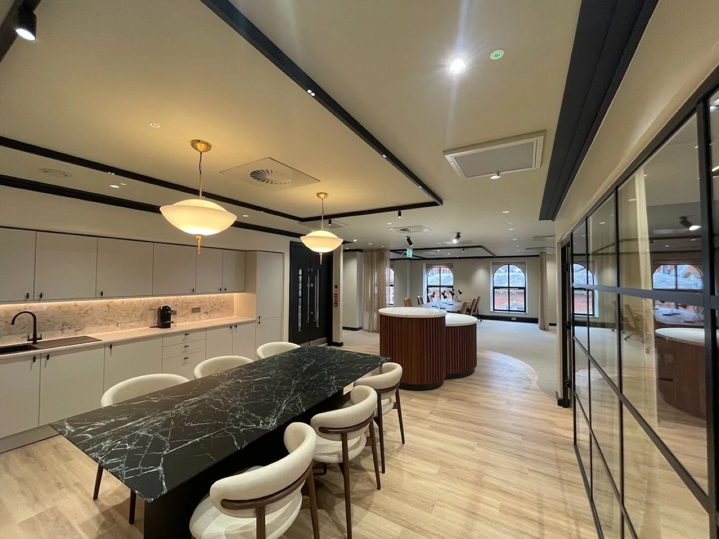 boardroom with large wooden table