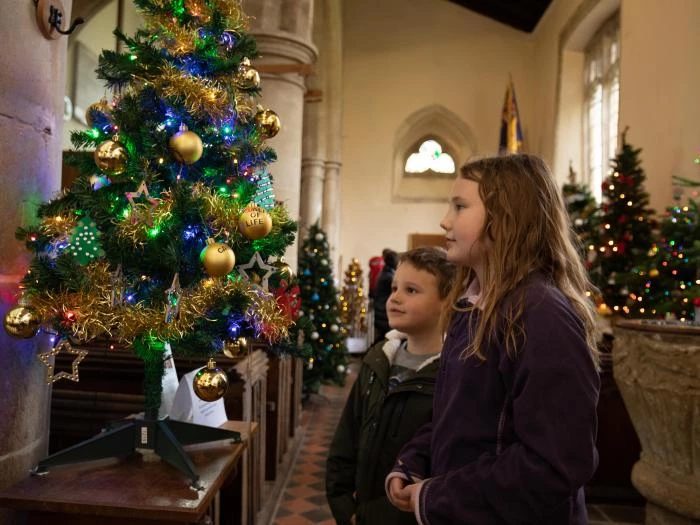 children viewing xmas tree