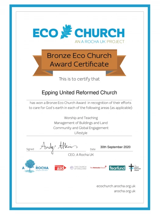 eco church award certificate bronze epping united reformed church