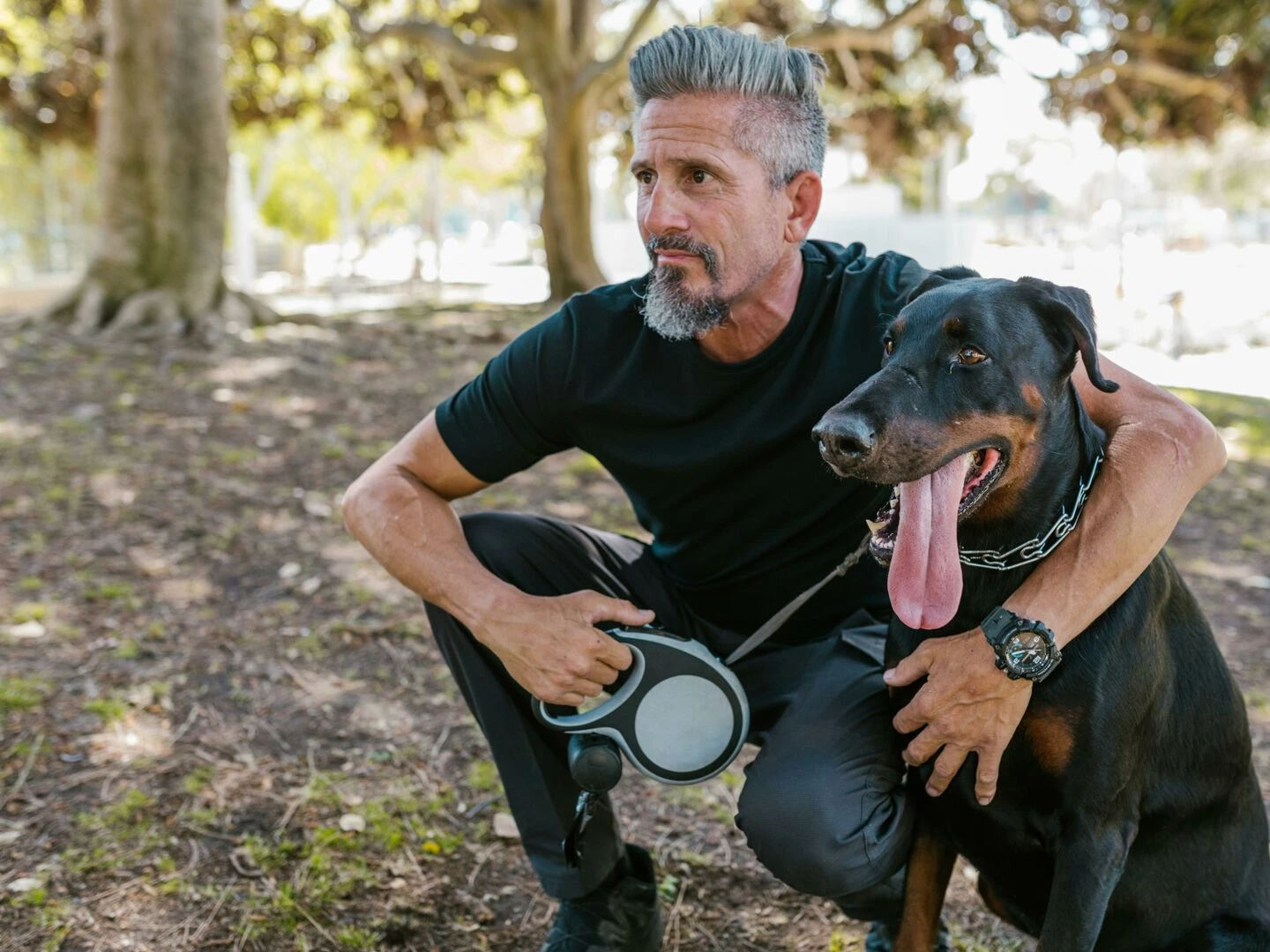 man crouching with a doberman in a sunlit park enjoying a stroll
