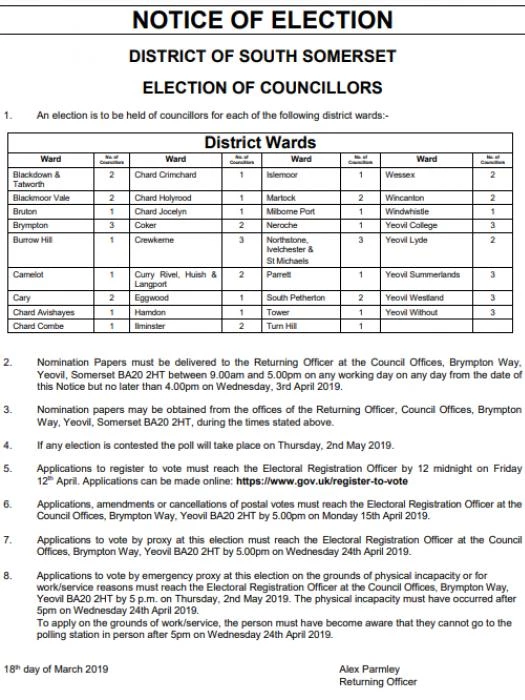 notice election of district councillors south somerset 2019