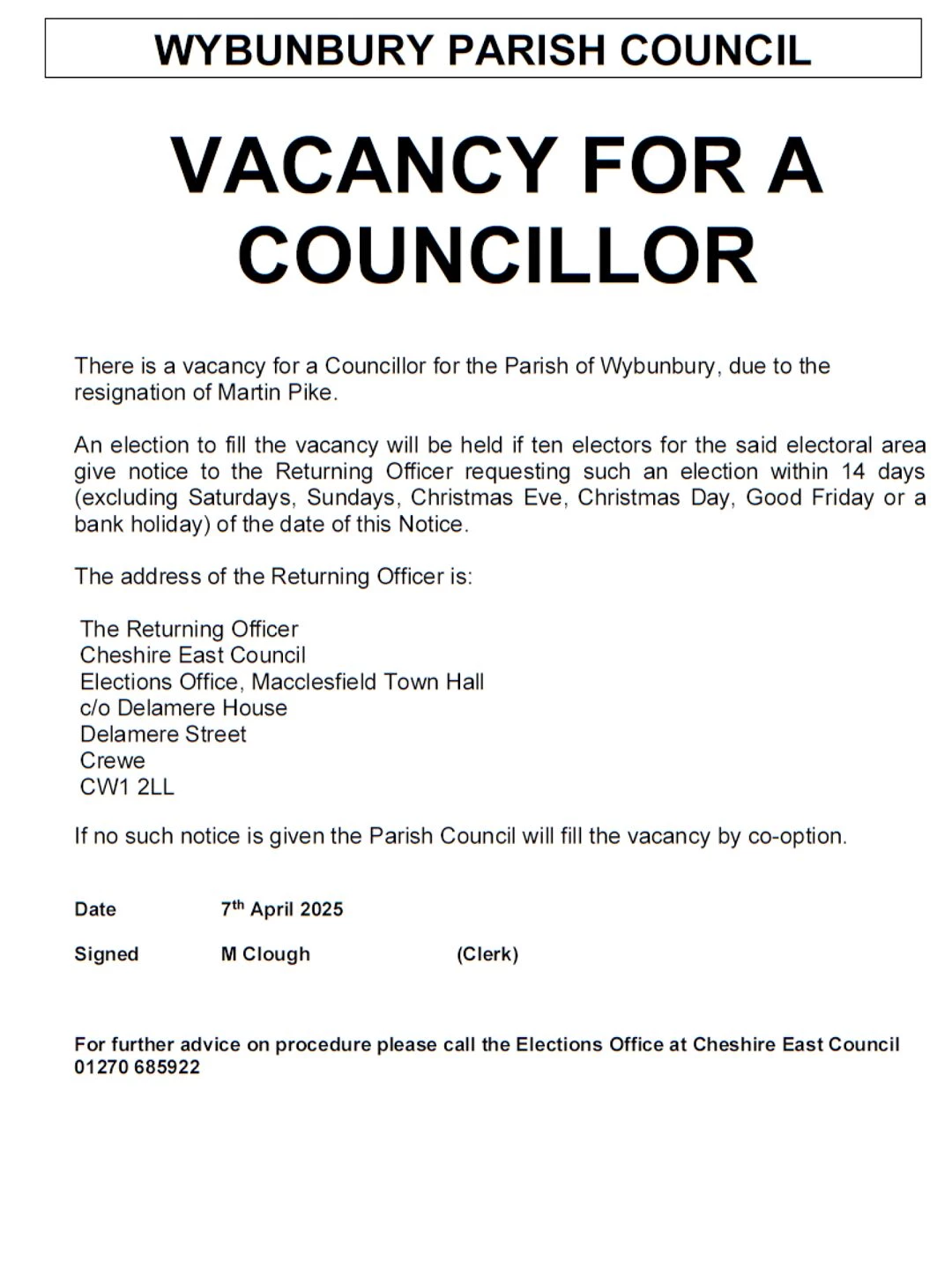 notice of parish councillor vacancy