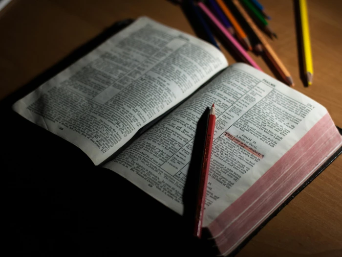 pink pencil on open bible page and pink