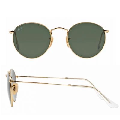 rb3447001shot2 rayban round metal gold with green crystal lenses