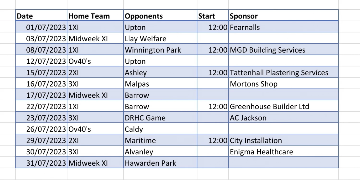 tcc july fixtures