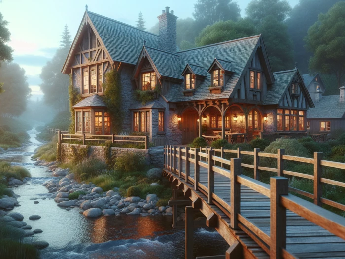 the bridge inn a rustic stone and timber structure stands by a flowing river connected by a quaint wooden bridge warm light spills from its windows promising a cosy retreat amidst the lush greenery and dappled evening light