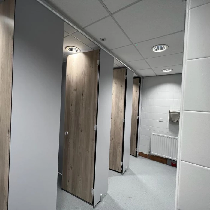 the cubicles at refurbished toilets for qbe office in leeds