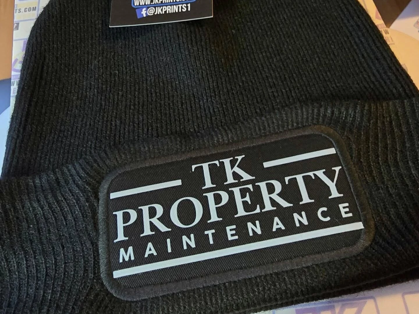 tk property maintenance beanie hat with dtf printi
