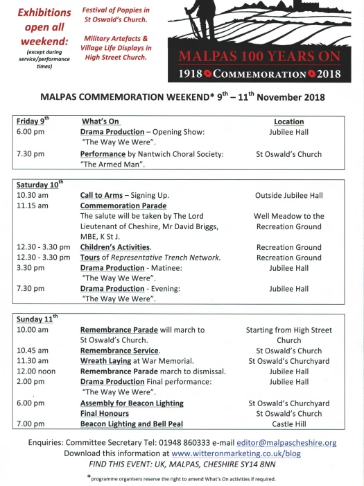 weekend programme  malpas 100 years on